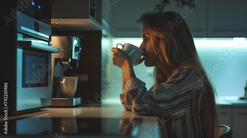Young woman enjoying fresh aromatic coffee near modern machine in kitchen : Generative AI