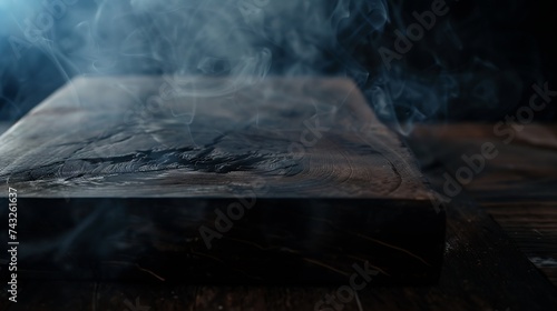 Old wood table top with smoke in the dark background : Generative AI