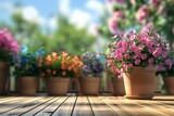 blooming flowers in pots on a wooden terrace