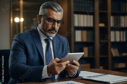 Mature businessman with beard,Serious mature concentrated American businessman working inside office at workplace, man in business suit holding tablet computer, boss using app and laptop thinking.