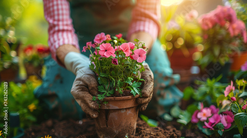 close up on hands of unknown person hold gardening flower pot
