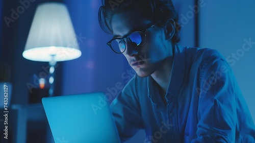 Concentrated young businessman in eyewear looking at laptop screen web surfing information in internet or working distantly online at home office communication remotely with client or  : Generative AI photo