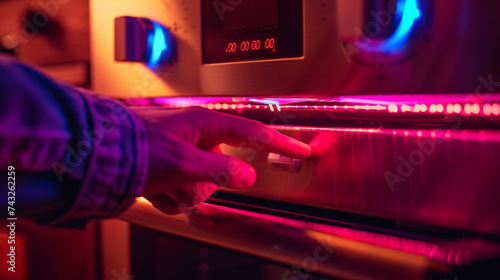 A hand adjusting the temperature on a convection oven with a satisfying click. photo