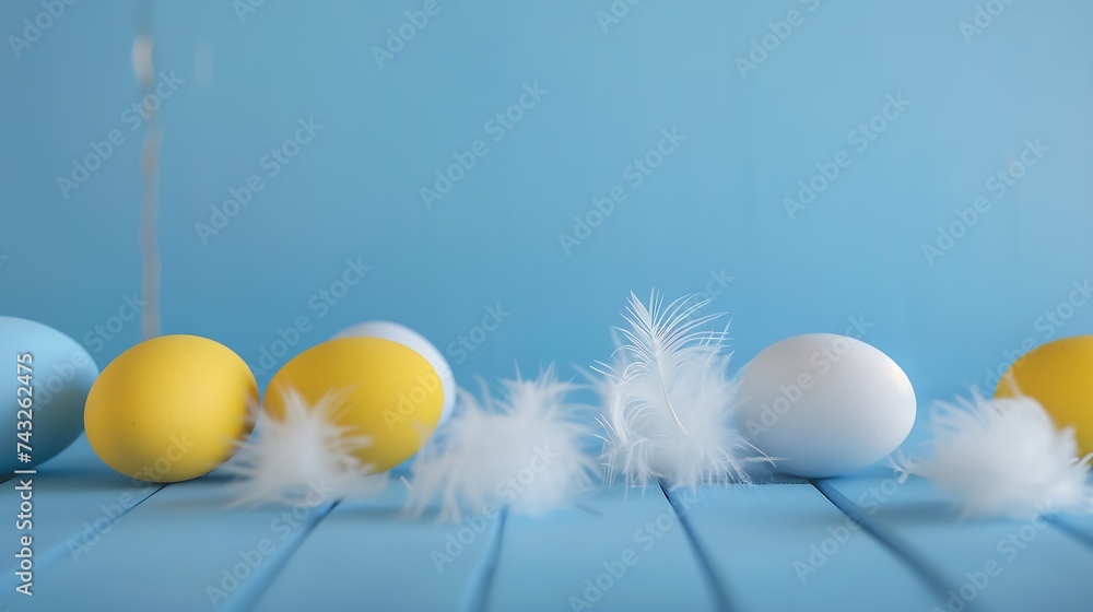 Colorful blue white yellow easter eggs and white feathers on light blue wooden table : Generative AI Colorful blue white yellow easter eggs and white feathers on light blue wooden table : Generative AI