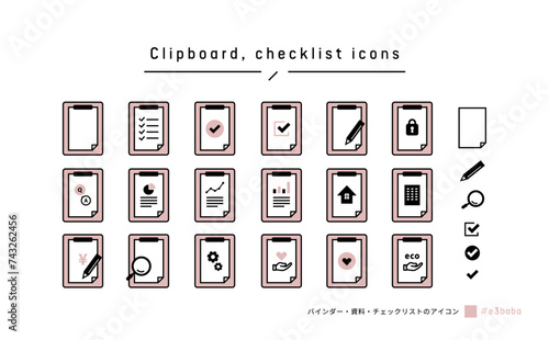 バインダーやチェックリスト、資料などのビジネスアイコンセット(ベクター・イラスト) ピンク