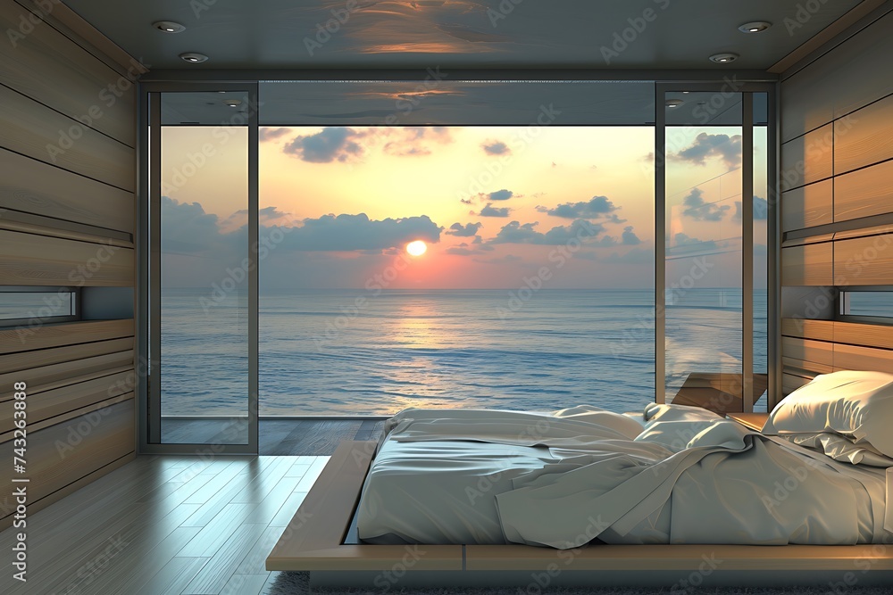 Fototapeta premium minimalist interior of a modern bedroom with a bed overlooking the sea, luxury hotel room