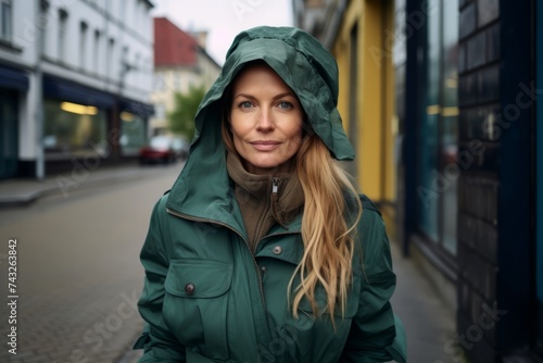 Portrait of a beautiful woman in a green jacket on the street