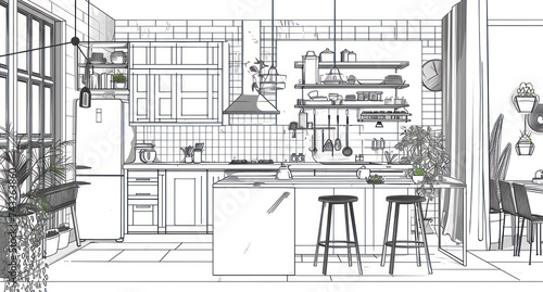 Modern Kitchen Design  Detailed Architectural Illustration of a White Interior  Drawing out the Concept for a New Home Project