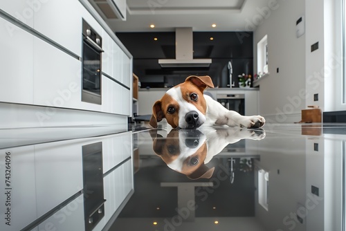 jack russell terrier dog lying on the floor in the kitchen at home photo