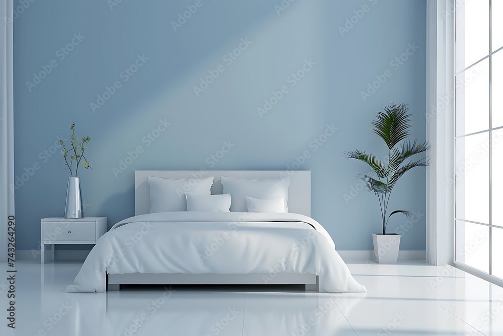 minimalist bedroom interior with bed and window and green plant in pot minimalist bedroom interior with bed and window and green plant in pot