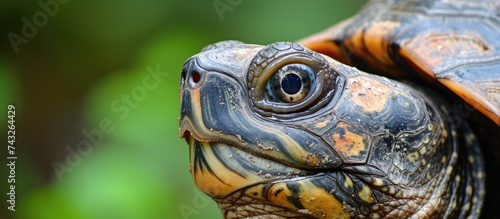 In this close-up shot, the intricate features of a turtles face are highlighted against a blurred background. The details of its eyes, beak, and scales are clearly visible, providing a fascinating © TheWaterMeloonProjec