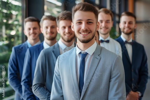 portrait of a group of smiling young businessmen wearing suit, confident men looking at camera