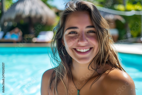 portrait of a smiling girl near swimming pool in summer