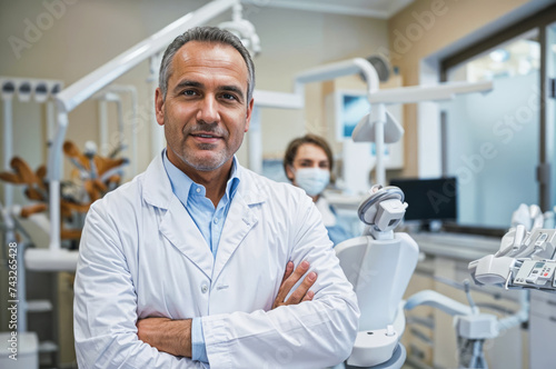 Confident dentist in modern clinic with assistant