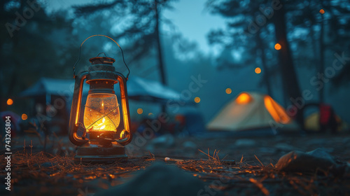 A burning lantern on the ground in a campsite at night