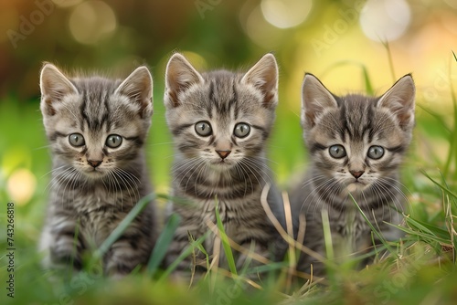 Three tabby grey kitten in the grass in green nature outdoors in summer day © Marina Shvedak