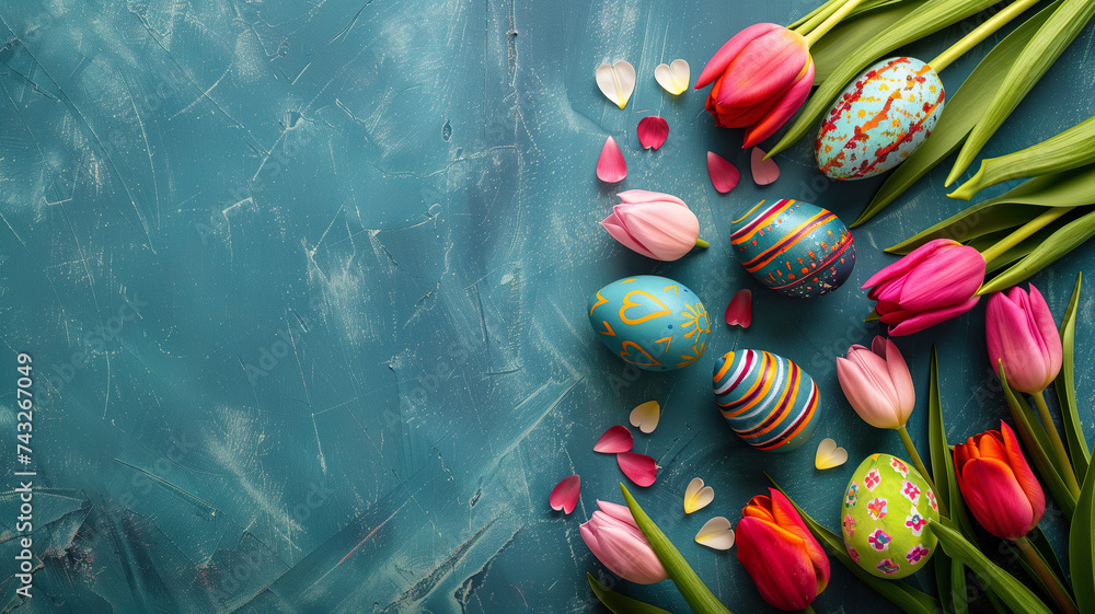 Easter blue background with eggs and tulips