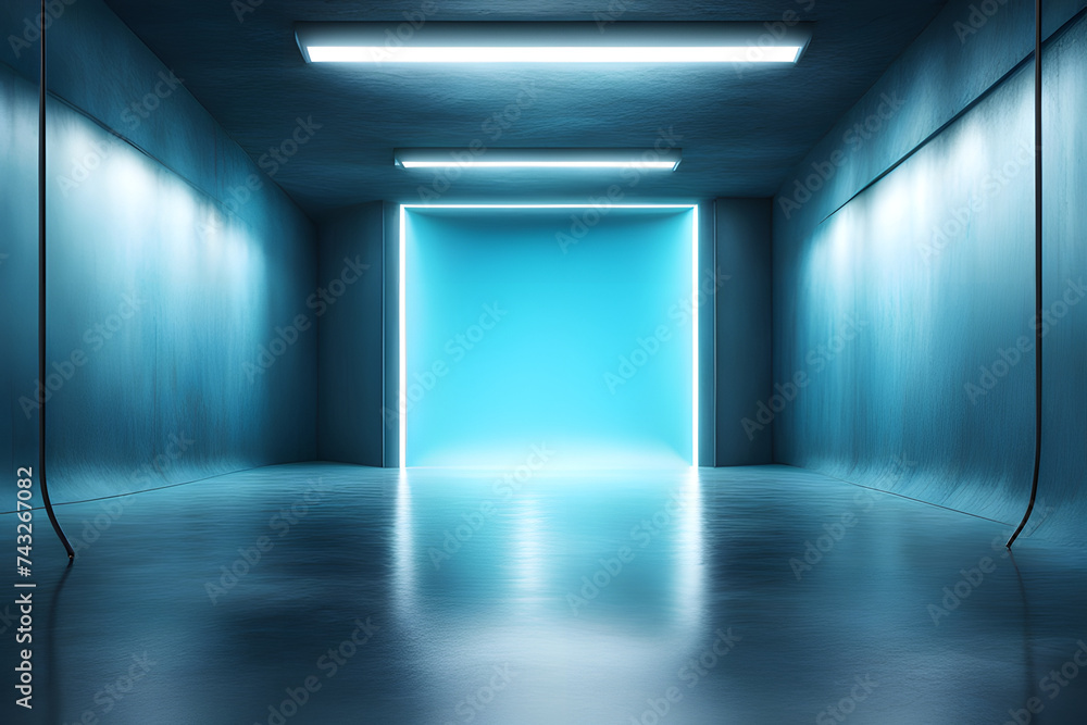 Empty underground garage with blank space and gray walls into a modern, minimalist environment.3D rendering features glowing lights illuminating the cement concrete floor of the dark room.