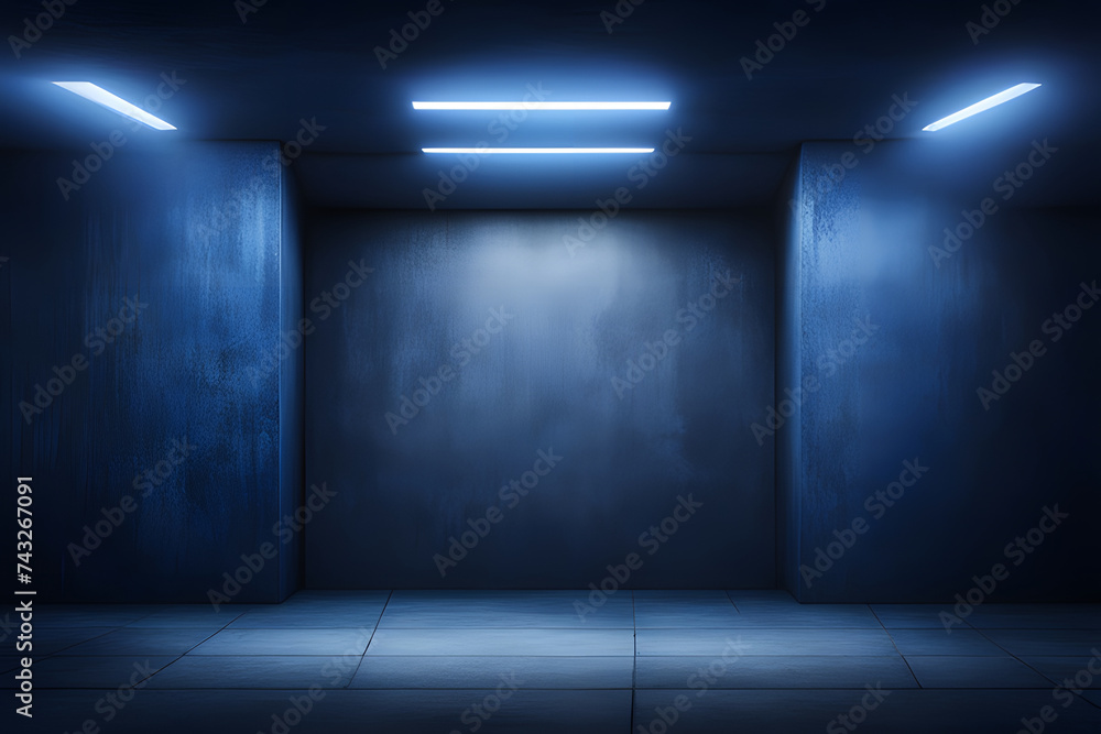 Empty underground garage with blank space and gray walls into a modern, minimalist environment.3D rendering features glowing lights illuminating the cement concrete floor of the dark room. Empty underground garage with blank space and gray walls into a modern, minimalist environment.3D rendering features glowing lights illuminating the cement concrete floor of the dark room.
