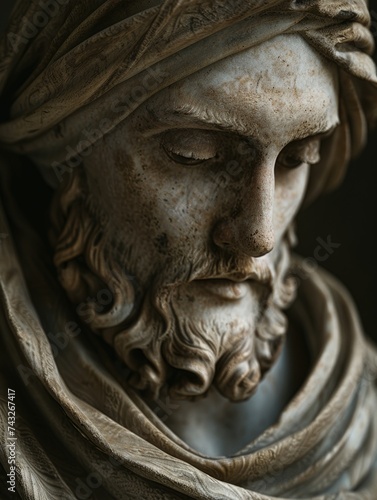 A detailed view of an antique statue depicting a man with a beard.