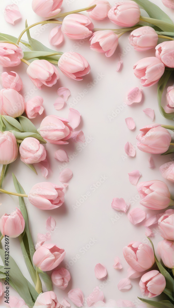 tulips  frame, festive layout with tulips on a color background. flat lay. copy space. top view.