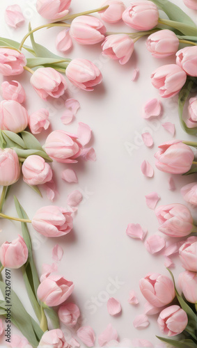 tulips frame, festive layout with tulips on a color background. flat lay. copy space. top view.