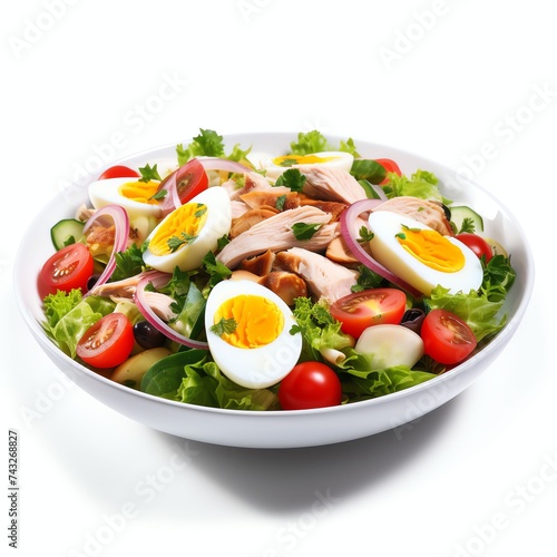 a fresh salad with turkey, eggs and vegetables