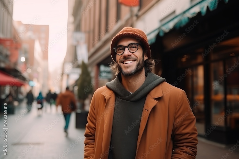 Portrait of a handsome young man in a coat and hat walking in the city. Portrait of a handsome young man in a coat and hat walking in the city.
