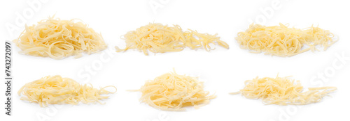 Tasty grated cheese isolated on white, set