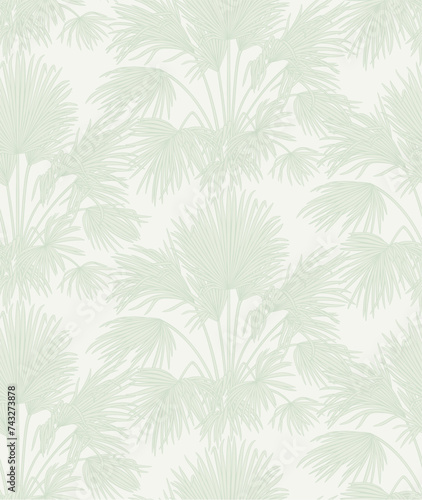 Laconic light green seamless pattern with sabal palm bushes. Tropical light modern background. Vector design element.
