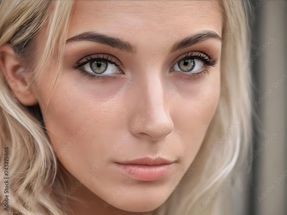 Beautiful Blonde Woman with Western Makeup and Blonde Hair Looking at Camera Portrait Beautiful Blonde Woman with Western Makeup and Blonde Hair Looking at Camera Portrait