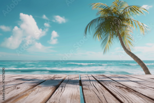 Wooden floor on the beach with tropical palm trees and blue sky background, Summer holiday vacation concept