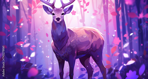 a painting of a deer with horns in a forest
