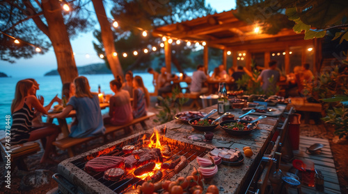 Diverse People Having Fun, Sharing Stories, and Eating at Outdoors Dinner Party. Family and Friends Gathered Outside Their Home on a Warm Summer Evening, summer party by the ocean