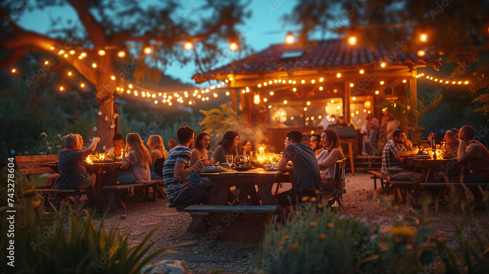Fototapeta premium Diverse People Having Fun, Sharing Stories, and Eating at Outdoors Dinner Party. Family and Friends Gathered Outside Their Home on a Warm Summer Evening, summer party backyard evening