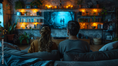 Couple Spending Time at Home, Sitting on a Couch and Watching Latest Blockbuster on Flat Screen Television Set. Man and Woman Streaming Movie