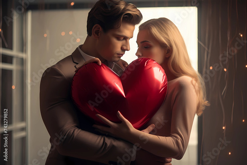 woman and man hugging in room holding an oversized heart gift