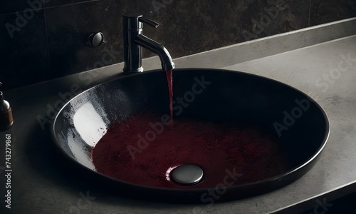 A bathroom sink equipped with a faucet sits against vibrant red walls  ready to dispense liquid. Perfect for washing hands or filling up a glass of water