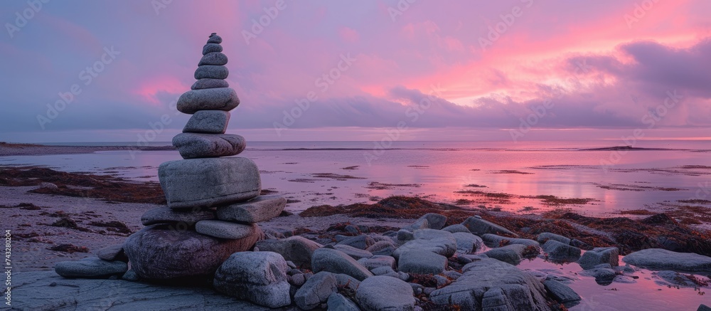Obraz premium A stack of rocks, known as a cairn, is positioned on a beach, illuminated by the soft pink light of the sunset. The rocks are balanced precariously on top of each other, creating a striking focal