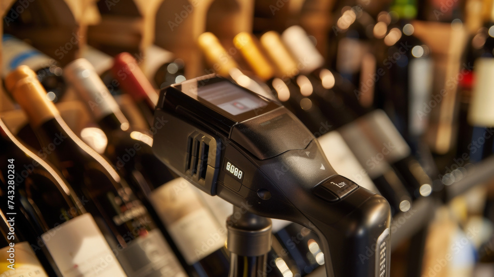 Closeup of a bar code scanner used to track and manage inventory in the wine cellar. Each bottle is scanned and inputted into a digital database for easy access and organization. - obrazy, fototapety, plakaty 