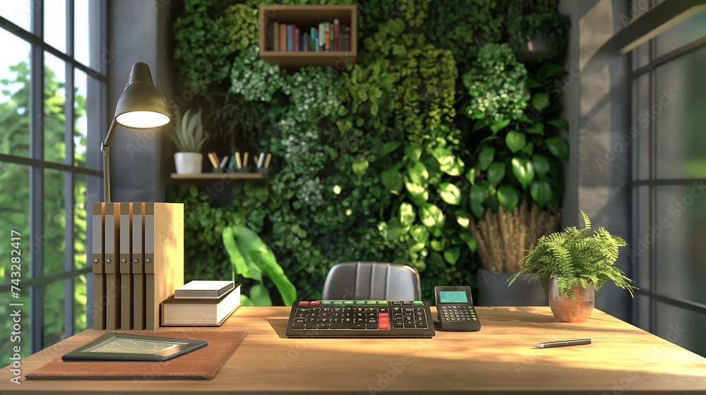 Eco-friendly office space, highlighted by a desk with a recycled colorful leather pad. Eco-friendly office space, highlighted by a desk with a recycled colorful leather pad.