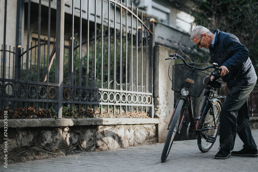 Elderly man parking his bicycle near a wrought iron gate in urban setting. Elderly man parking his bicycle near a wrought iron gate in urban setting.