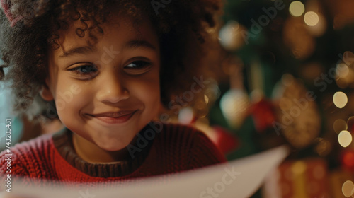 A childs excited face as they write their letter to Santa dreaming of the presents they hope to receive on Christmas morning. © Justlight