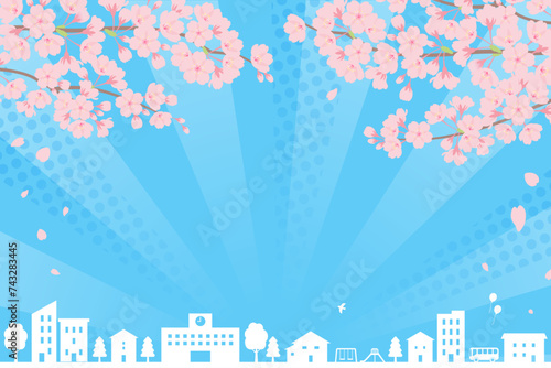 ポップな桜と街並みの背景_ベクターイラスト