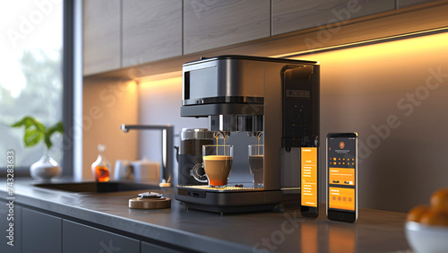 Smart coffee maker with a smartphone displaying the alarm and coffee readiness simultaneously