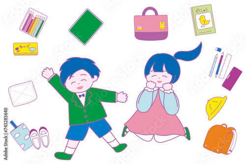 新入生の子供たちと入学準備グッズのイラスト