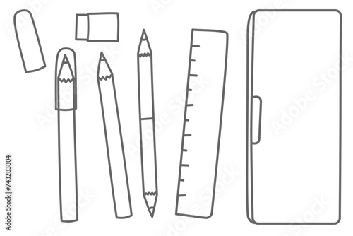 筆箱と赤青鉛筆 定規 鉛筆 消しゴム キャップのイラストセット