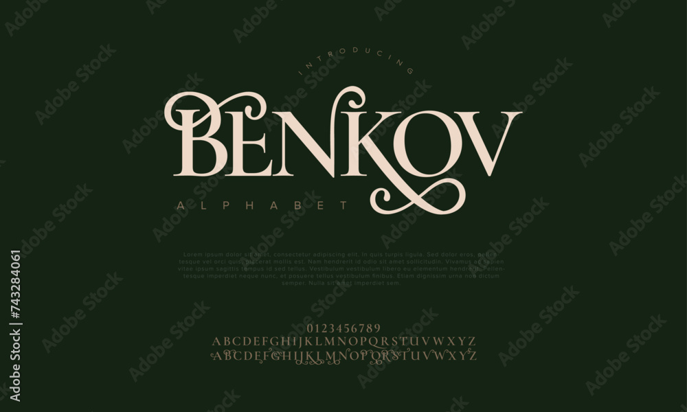 Benkov premium luxury romadhon alphabet letters and numbers. Elegant wedding typography islamic ramadan serif font decorative vintage retro. Creative vector illustration