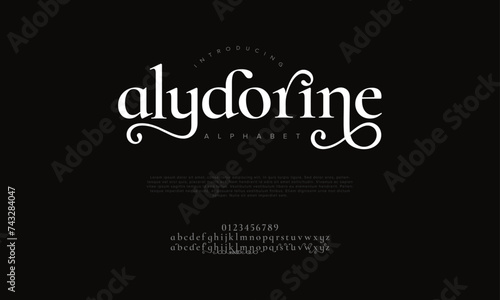 Alydorine premium luxury romadhon alphabet letters and numbers. Elegant wedding typography islamic ramadan serif font decorative vintage retro. Creative vector illustration