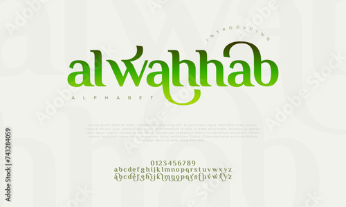 Alwahhab premium luxury romadhon alphabet letters and numbers. Elegant wedding typography islamic ramadan serif font decorative vintage retro. Creative vector illustration photo